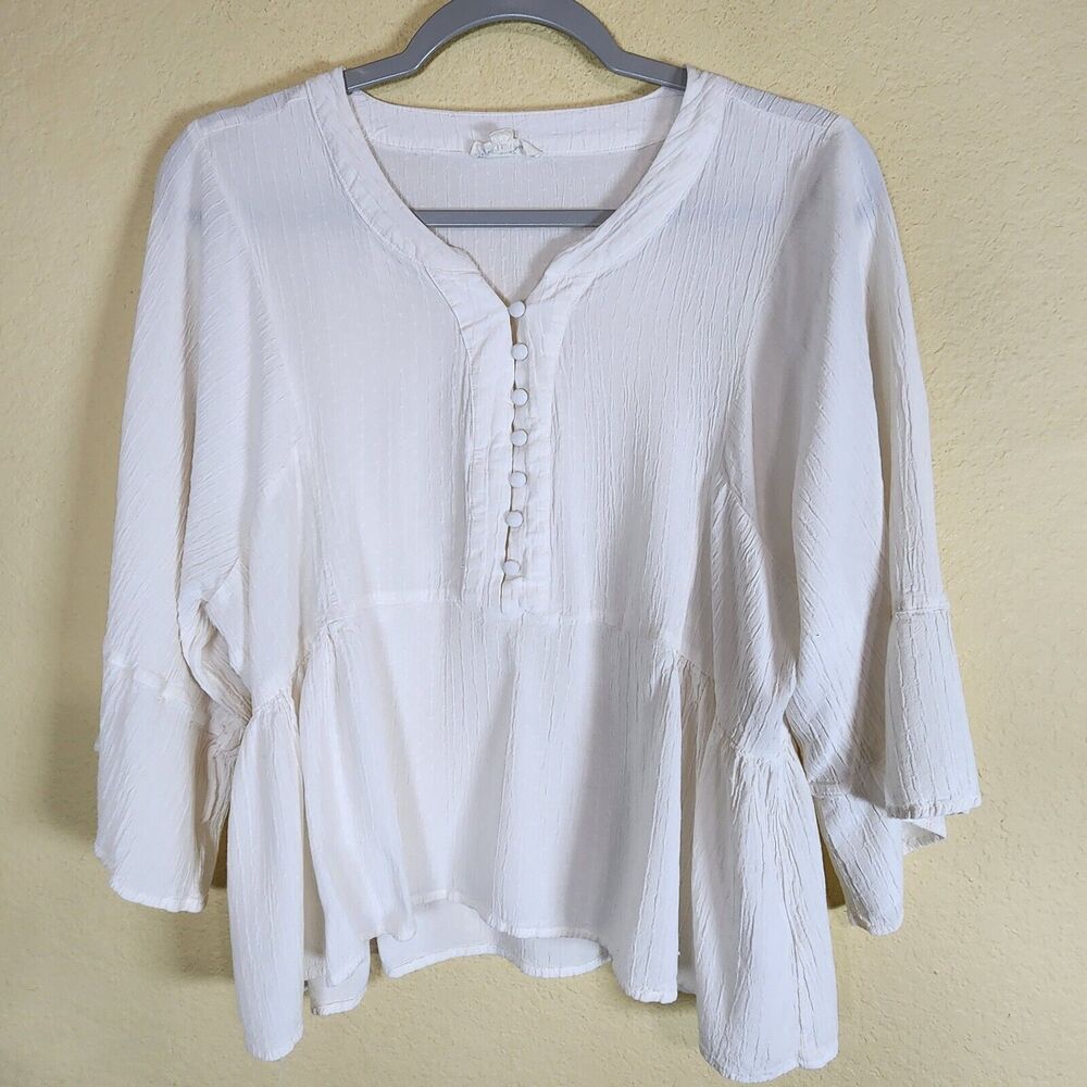 grand & greene‎ L Peasant Top cream solid textured Boho Baby Doll Hippie Fairy